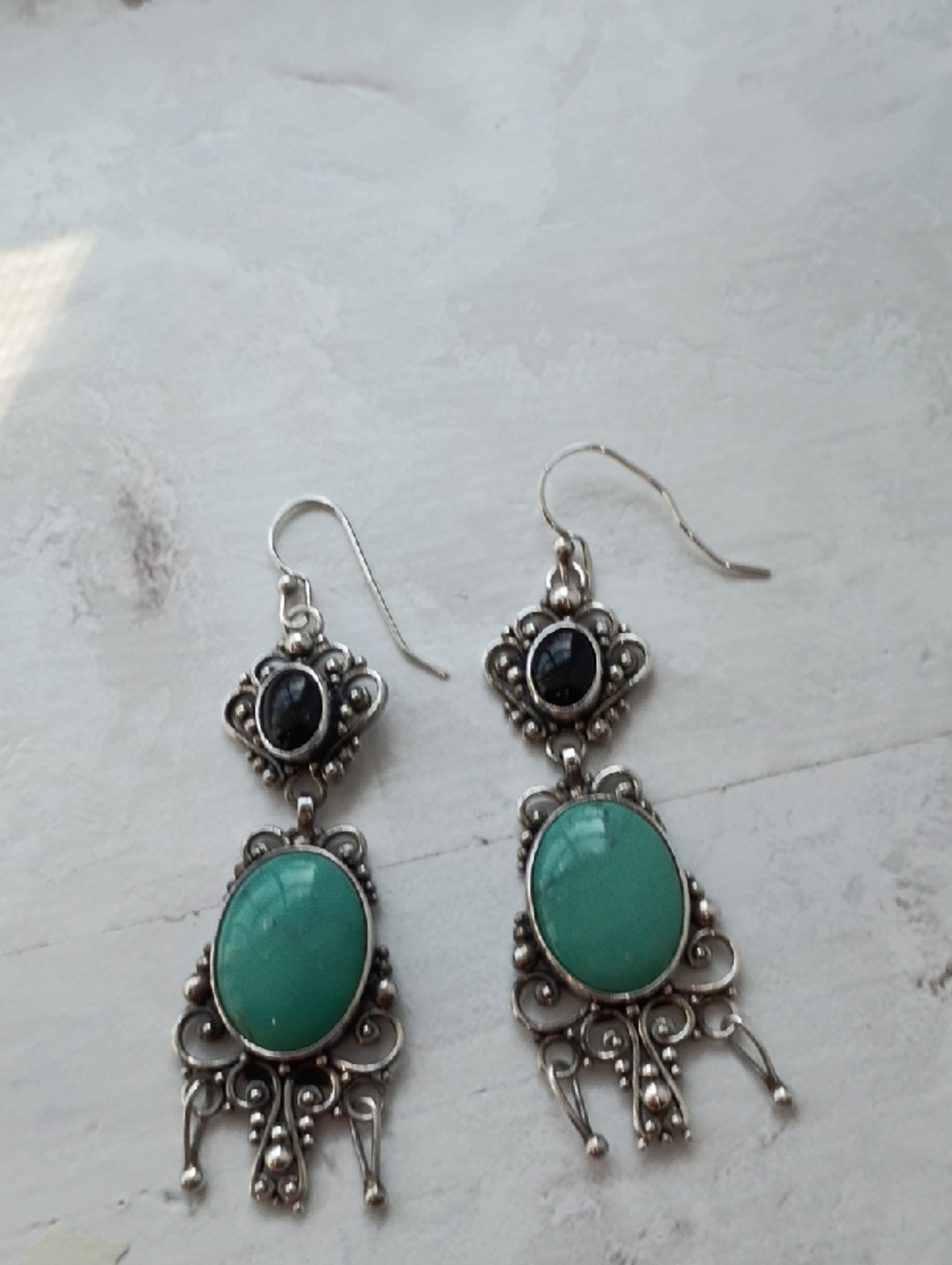925 Sterling Silver Filigree Dangle Earrings with Turquoise and Black Accents